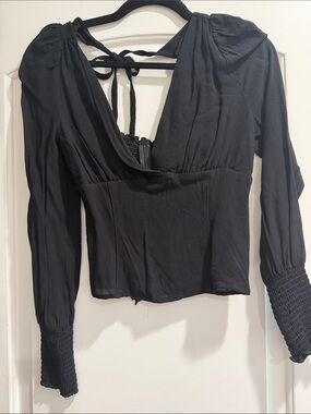 Reformation Black Long-Sleeve V-Neck Tie-Back Blouse
